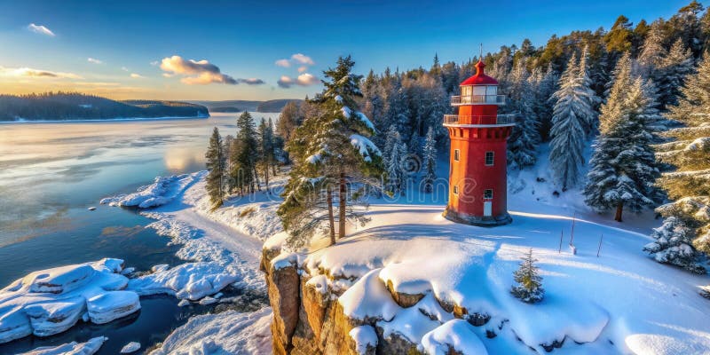 Scenografia invernale sulle meraviglie di un faro rosso su una scogliera coperta di neve che sovrasta un lago ghiacciato all'alba. royalty illustrazione gratis