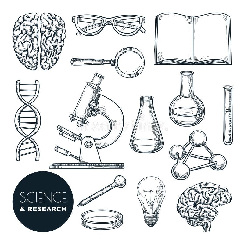 Scenografie per la ricerca scientifica e chimica Icone di istruzione disegnate a mano isolate royalty illustrazione gratis