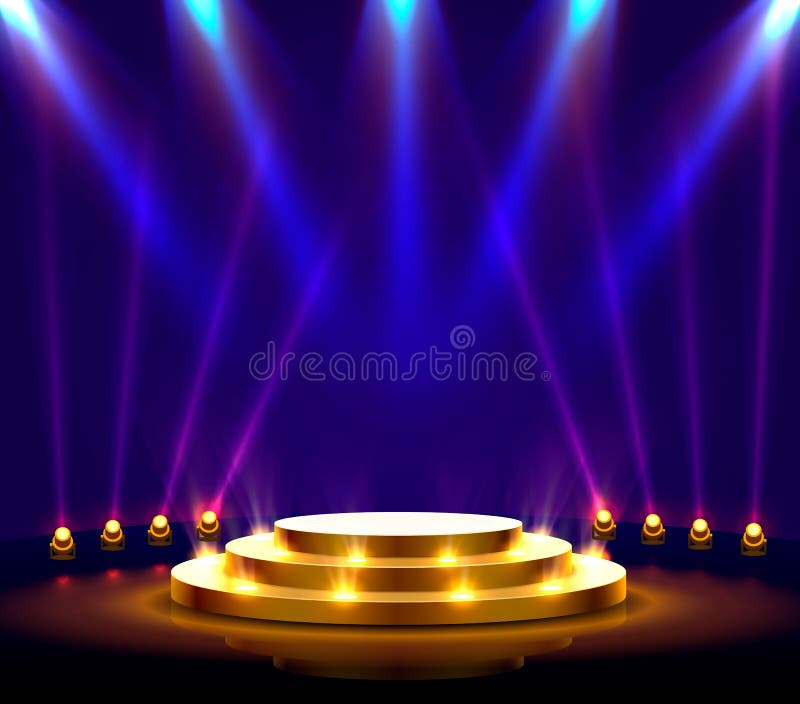 Scenpodium med belysning, Stage Podium Scene med för utmärkningsceremoni på blå bakgrund