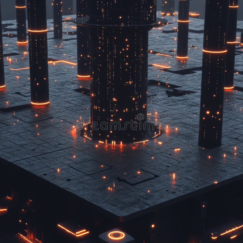 Scenă abstractă futuristă cu coloane strălucitoare și fundal întunecat stock illustration