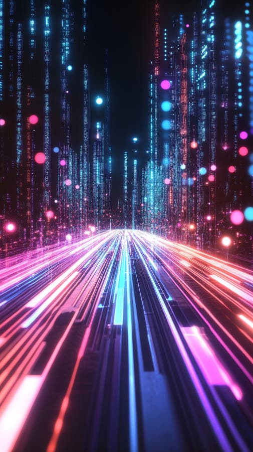 Scenă abstractă futuristă cu trasee luminoase colorate și mișcare dinamică în spațiu digital stock illustration