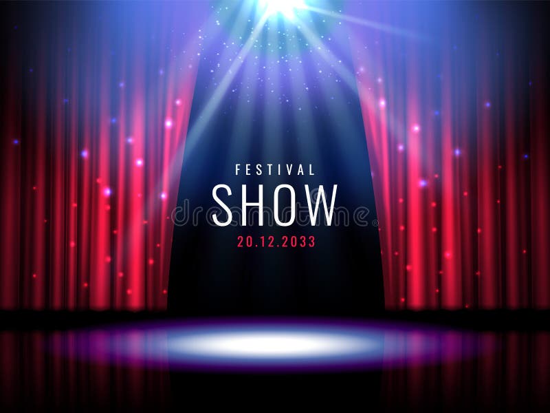 Scenă de teatru cu perdea roșie și șablon festiv vectorial reflectorizant cu lumini și scene. design pentru poster pentru concert royalty free illustration