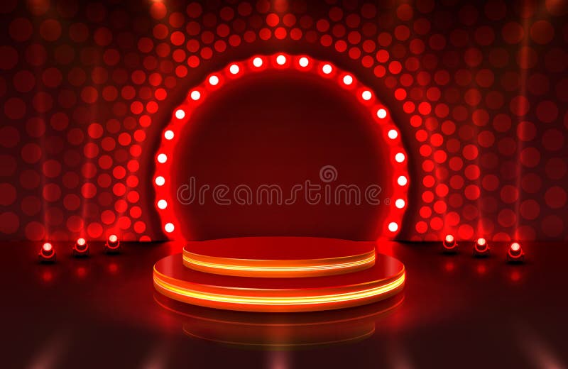 Scenă a podiumului pe scenă luminoasă cu ceremonie de premiere pe fond roșu. stock illustration