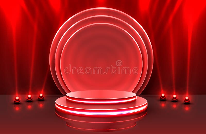Scenă a podiumului pe scenă luminoasă cu ceremonie de premiere pe fond roșu. royalty free illustration