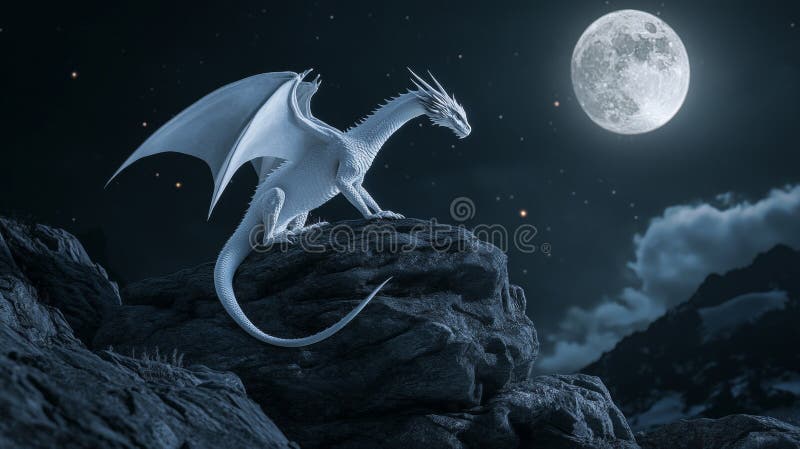 Scenă încântătoare cu lumina lunii, un dragon alb elegant, înclinat pe Rocky Outcrop, demonstrând putere royalty free illustration