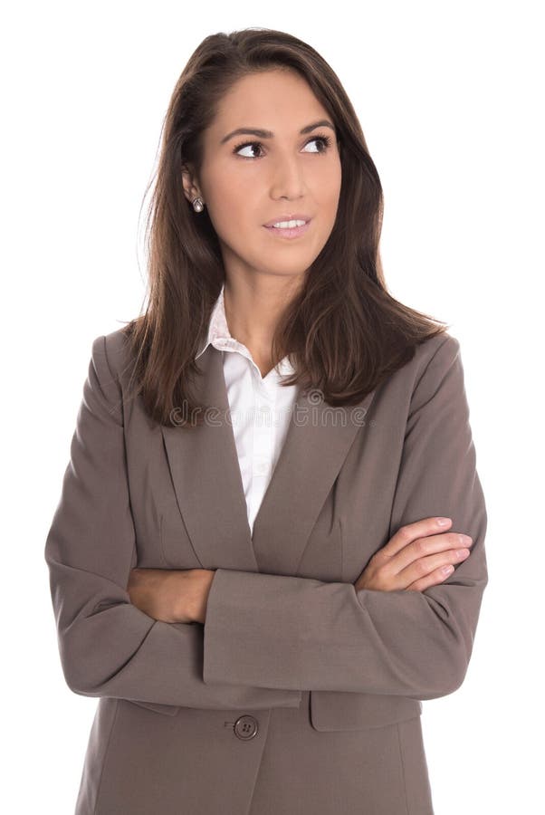 Sceptically isolated business woman in brown blazer looking side