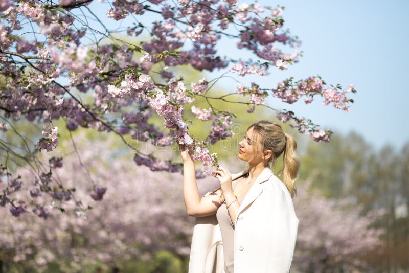 Sch?ne blonde junge Frau in Sakura Cherry Blossom-Park im Fr?hjahr Natur und Freizeit w?hrend sie genie?end reisend lizenzfreie stockbilder Sch?ne blonde junge Frau in Sakura Cherry Blossom-Park im Fr?hjahr Natur und Freizeit w?hrend sie genie?end reisend lizenzfreie stockbilder