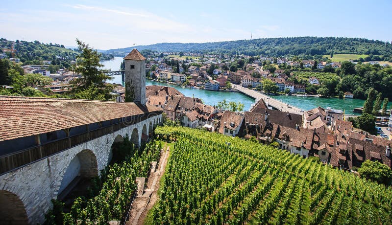 Schaffhausen, Switzerland. Panoramic view of the old town, Munot fortress overlooking Rhine River.