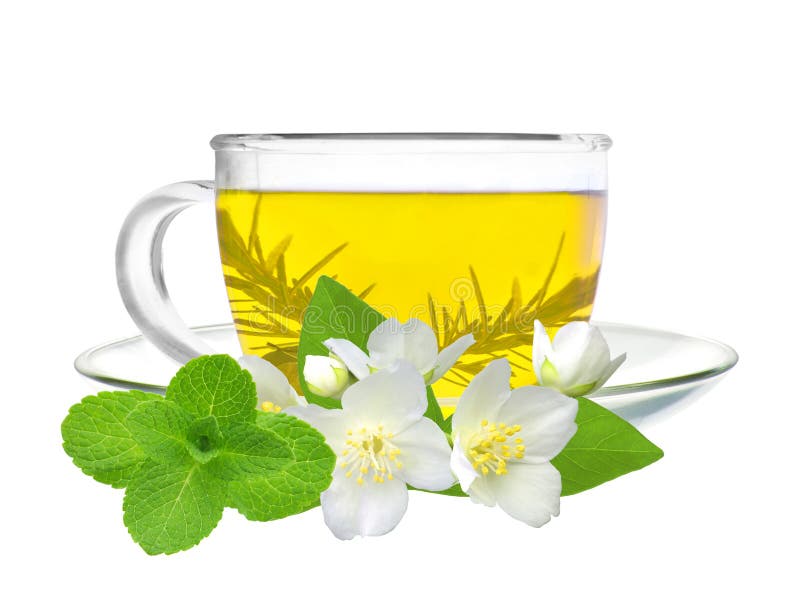 Schale grüner Tee mit den Jasminblumen und tadellosem Kraut an lokalisiert lizenzfreies stockbild Schale grüner Tee mit den Jasminblumen und tadellosem Kraut an lokalisiert lizenzfreies stockbild