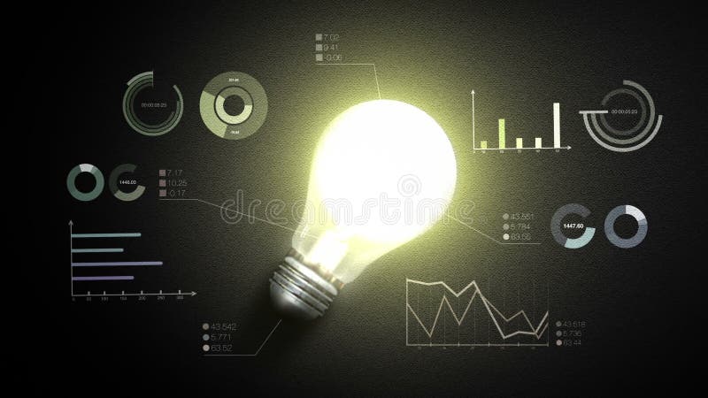 Schalten Sie Birnenlicht und verschiedene wirtschaftliche Diagramme und Diagramme, Ideenkonzept ein Schalten Sie Birnenlicht und verschiedene wirtschaftliche Diagramme und Diagramme, Ideenkonzept ein