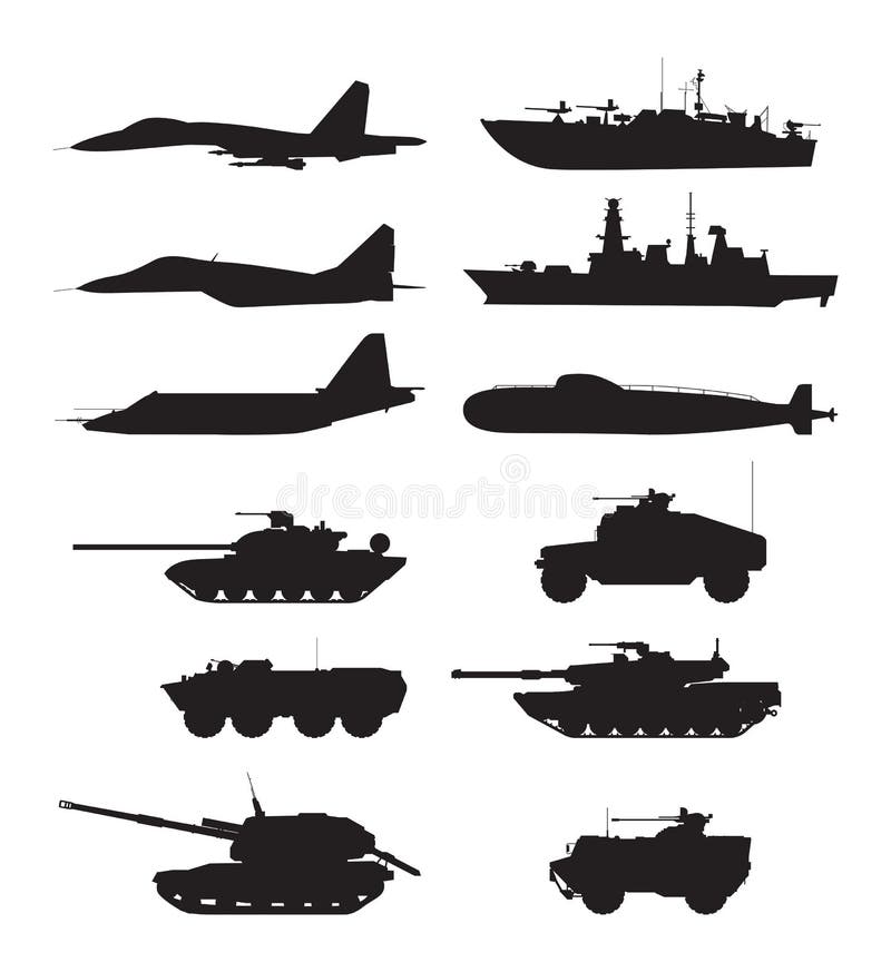 Schattenbild der Militärmaschinenunterstützung Flugzeugkräfte Armeefahrzeuge und Kriegsschiffe vektor abbildung Schattenbild der Militärmaschinenunterstützung Flugzeugkräfte Armeefahrzeuge und Kriegsschiffe vektor abbildung