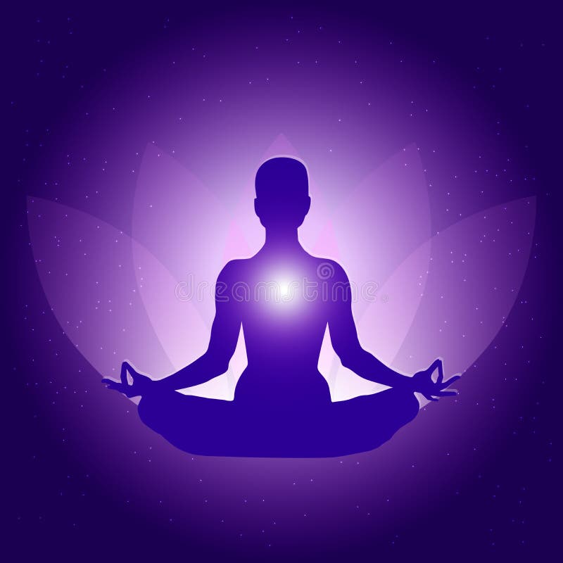 Schattenbild der Person in Yogalotos asana auf dunkelblauem purpurrotem Hintergrund mit Lotosblume und -licht vektor abbildung Schattenbild der Person in Yogalotos asana auf dunkelblauem purpurrotem Hintergrund mit Lotosblume und -licht vektor abbildung