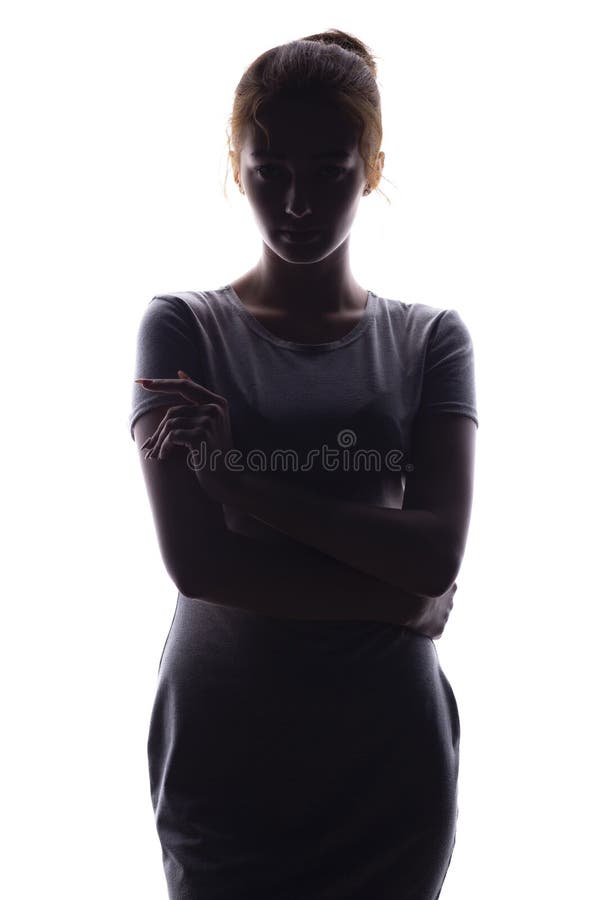 Schattenbild der überzeugten jungen Frau, die geradeaus ein Weiß schaut, lokalisierte Hintergrund lizenzfreie stockbilder Schattenbild der überzeugten jungen Frau, die geradeaus ein Weiß schaut, lokalisierte Hintergrund lizenzfreie stockbilder