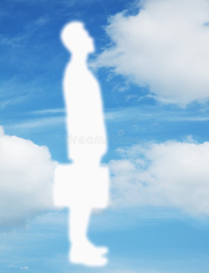 Schattenbild des Geschäftsmannes einen Aktenkoffer mit einem blauen Himmel und Wolken hinter ihm halten lizenzfreies stockbild Schattenbild des Geschäftsmannes einen Aktenkoffer mit einem blauen Himmel und Wolken hinter ihm halten lizenzfreies stockbild