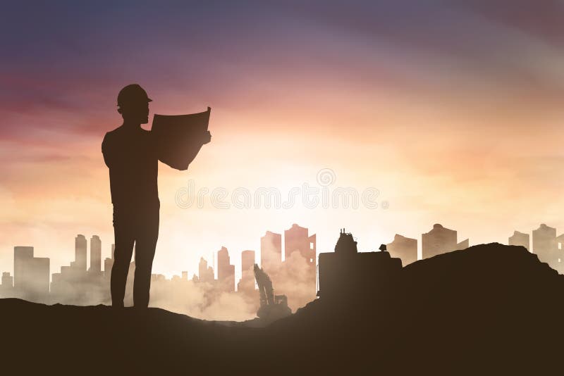 Schattenbild des Ingenieurmannes seinen Plan im Bau schauend stock abbildung Schattenbild des Ingenieurmannes seinen Plan im Bau schauend stock abbildung