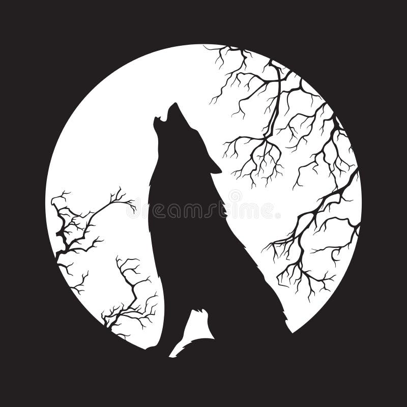 Schattenbild des Wolfs heulend an der Vollmondvektorillustration Heidnisches Totem, wiccan Kunst des vertrauten Geistes