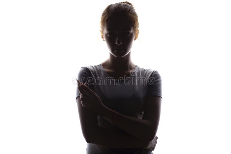 Schattenbild einer ernsten und überzeugten jungen schauenden Frau gerades, schönes Mädchen auf einem weißen lokalisierten Hinterg lizenzfreies stockfoto Schattenbild einer ernsten und überzeugten jungen schauenden Frau gerades, schönes Mädchen auf einem weißen lokalisierten Hinterg lizenzfreies stockfoto