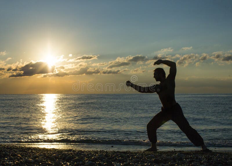 Schattenbild eines Mannes übt Flügel chun auf dem Strand lizenzfreies stockfoto Schattenbild eines Mannes übt Flügel chun auf dem Strand lizenzfreies stockfoto