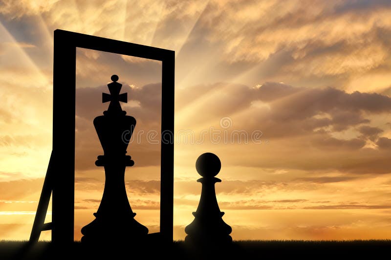 Schattenbild eines Pfandes, sieht sich in der Reflexion der Spiegelkönigin
