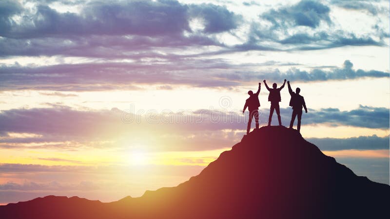 Silhouettes of happy three people on top of a mountain. Success and achievements, Business, work in a team, cooperation. Silhouettes of happy three people on top of a mountain. Success and achievements, Business, work in a team, cooperation.