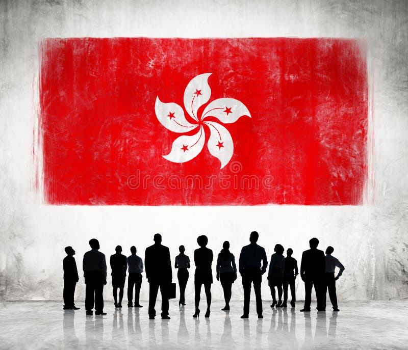 Schattenbilder Von Leuten Und Von Flagge Von Hong Kong Stock Abbildung