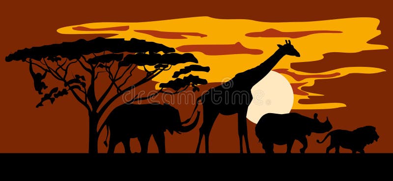 Giraffe elephant monkey. Носорог на фоне саванны арт. Контуры животных на фоне саванны по низу листа.