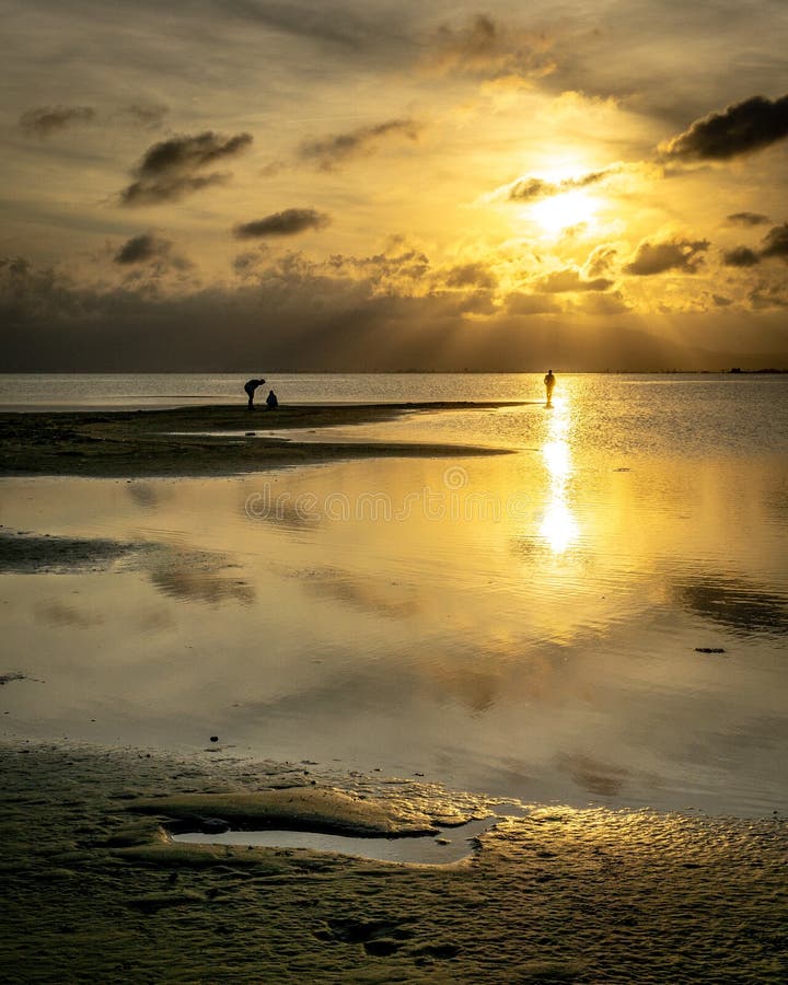 Schattenbilder von unerkennbaren Leuten auf dem Strand bei Sonnenuntergang mit dem ruhigen See lizenzfreie stockfotos Schattenbilder von unerkennbaren Leuten auf dem Strand bei Sonnenuntergang mit dem ruhigen See lizenzfreie stockfotos
