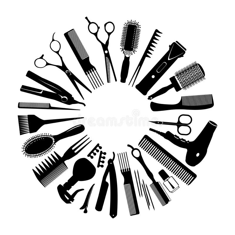 Schattenbilder von Werkzeugen für den Friseur in einem Kreis