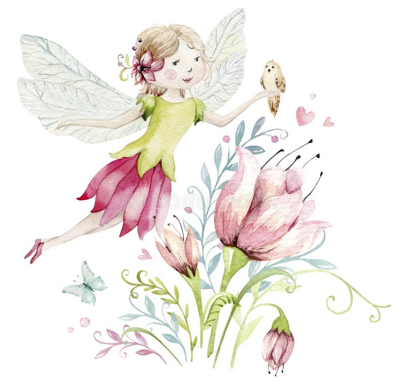 Schattig karakter waterkleurige illustratie op witte achtergrond. magische fantasiekaart roze sprookjesontwerp. meisje