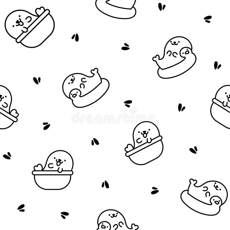 Cute kawaii baby seals. Seamless pattern. Coloring Page. Funny cartoon characters arctic and antarctic animals. Hand drawn style. Vector drawing. Design ornaments. Cute kawaii baby seals. Seamless pattern. Coloring Page. Funny cartoon characters arctic and antarctic animals. Hand drawn style. Vector drawing. Design ornaments