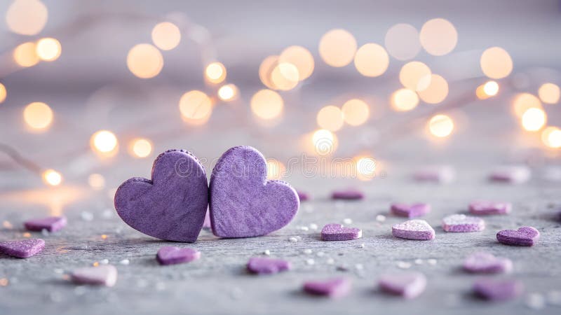 Schattige hartjes Violet. Valentijnsdag. Bokeh-lichtjes Micro hartjes vector illustratie