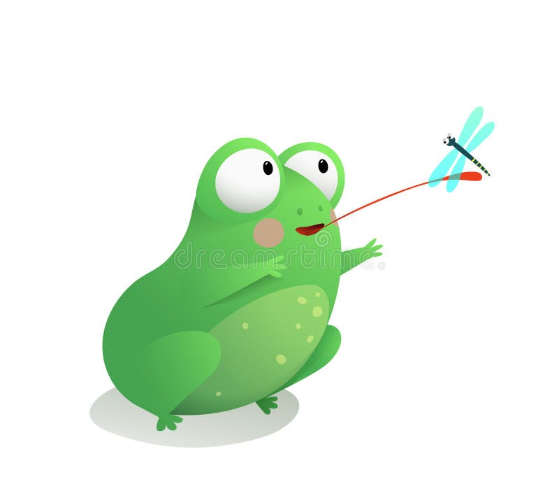 Cute frog or toad sitting catching a dragonfly with its long tongue. Funny adorable frog for children. Vector illustration for children in watercolor style. Cute frog or toad sitting catching a dragonfly with its long tongue. Funny adorable frog for children. Vector illustration for children in watercolor style.