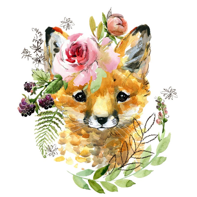 Cute watercolor cartoon fox. forest animal illustration. watercolor background. Cute watercolor cartoon fox. forest animal illustration. watercolor background