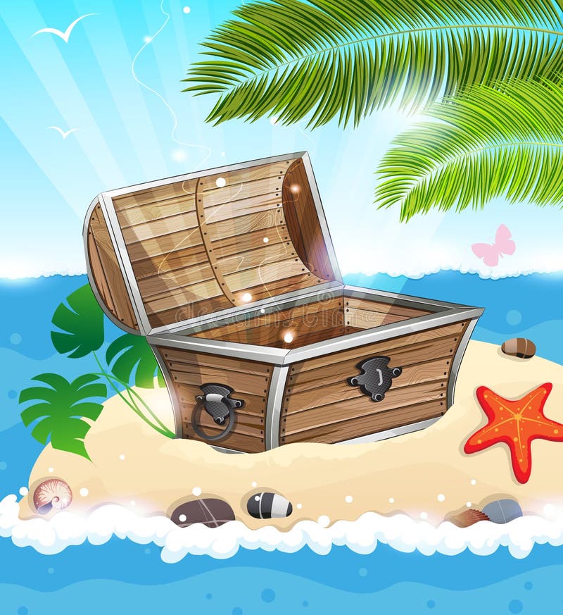 Schatzkiste auf einer Sandinsel lizenzfreie abbildung