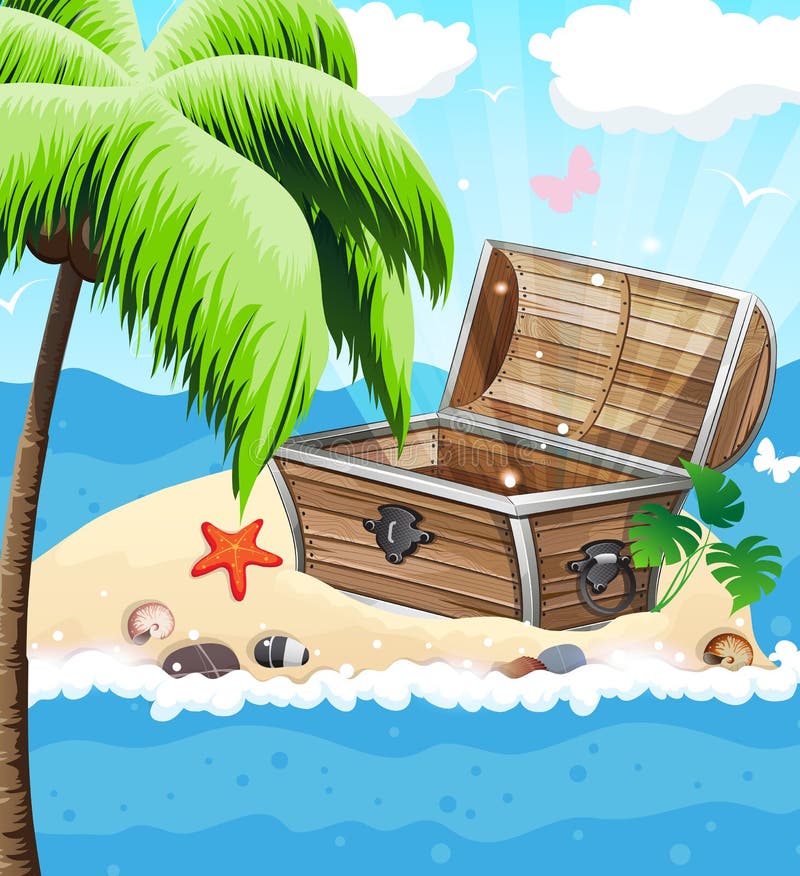 Schatztruhe auf sandiger Insel lizenzfreie abbildung