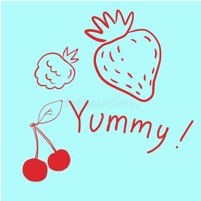 Schaumtee. Hummerbeeren. saftige Erdbeere. Himbeere. Rotkirsche. Geschmack. Getränkegeschmack. Fruchtdoodle-Skizze lizenzfreie abbildung