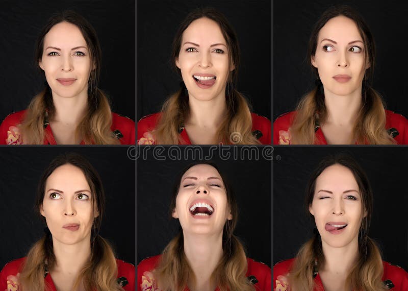 Schauspielergefühlkarte. Collage der jungen erwachsenen Frau mit positiven sechs Gefühlen der verschiedenen Begriffe stockfotografie