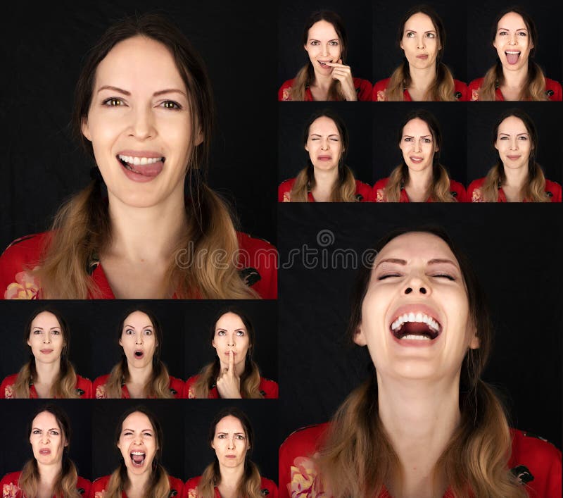 Schauspielergefühlkarte. Collage der jungen erwachsenen Frau mit positiven sechs Gefühlen der verschiedenen Begriffe lizenzfreies stockbild
