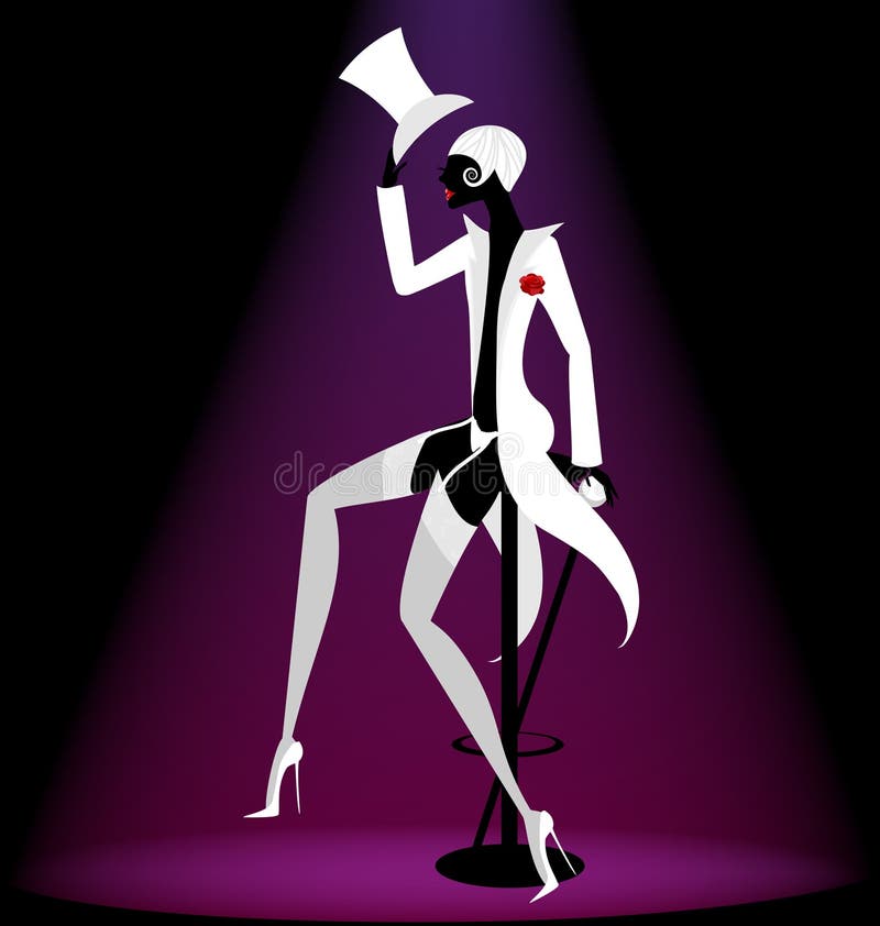 On abstract black background is a black-white silhouette cabaret actor. On abstract black background is a black-white silhouette cabaret actor