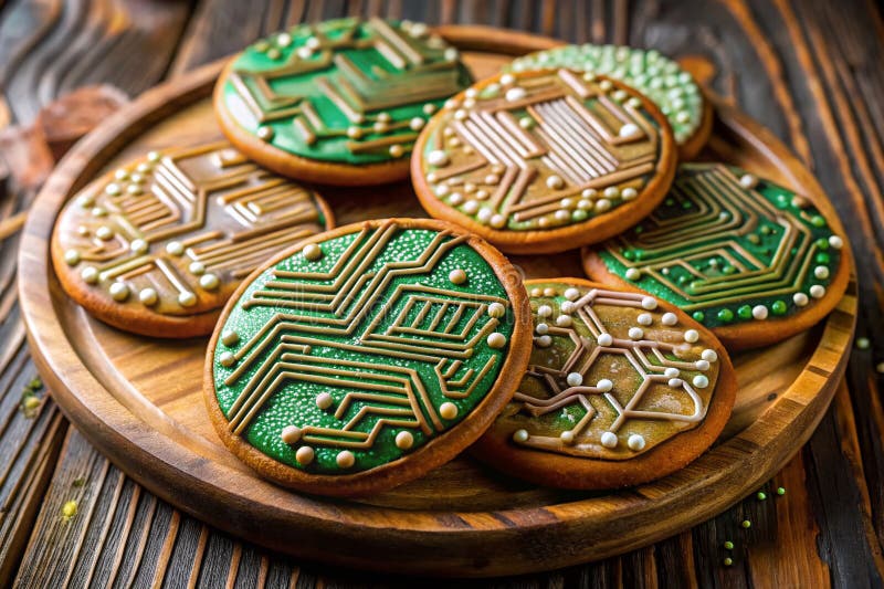 Deliziosi Biscotti a Circuito Stampato - Un Dessert Digitalmente Delizioso Esibito su un Piatto Affascinante illustrazione vettoriale