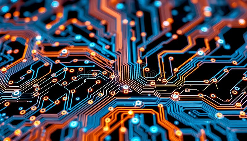 Scheda circuiti blu chiudono componenti elettronici ad alta tecnologia Generative AI illustrazione di stock