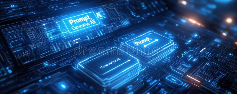 Scheda a circuito futuristico con AI illuminante e concetti di tecnologia generativa. Rappresentazione astratta di una tecnologia avanzata dotata di chip brillanti su un pannello blu. Evidenzia i concetti di design futuristici e innovazione dell'intelligenza artificiale generativa. Ideale per presentazioni relative a tecnologie di intelligenza artificiale e concetti futuristici. Generato dall'AI