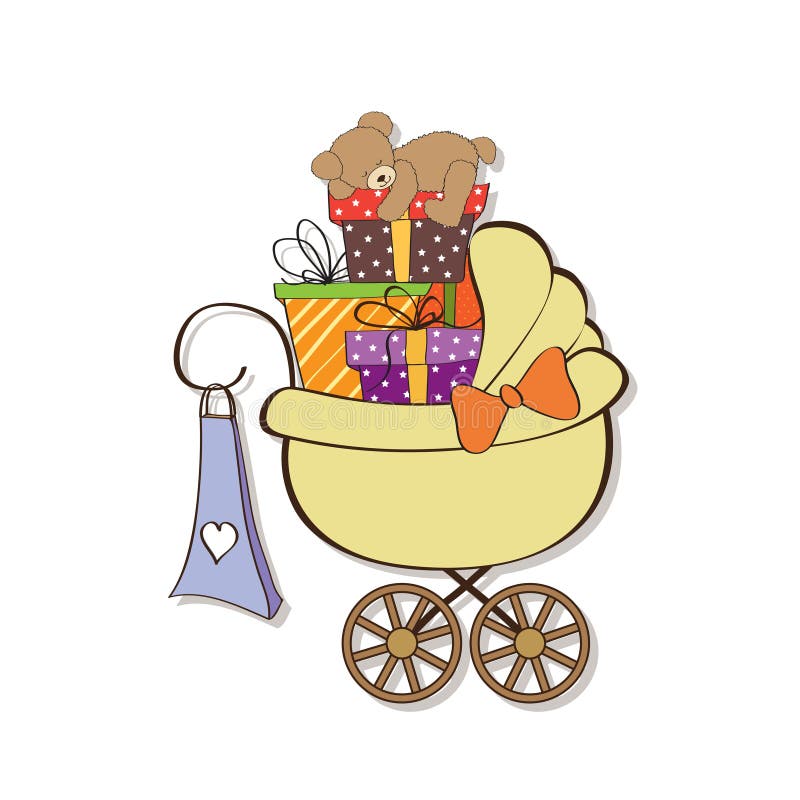 Scheda dell'acquazzone di bambino con i contenitori di regalo illustrazione di stock Scheda dell'acquazzone di bambino con i contenitori di regalo illustrazione di stock