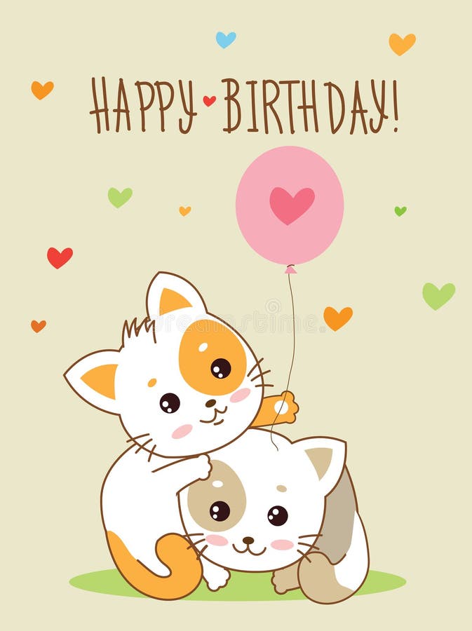 Scheda Di Buon Compleanno Due Gattini Allegri Svegli Con Un Pallone E Un Testo Fatto A Mano Illustrazione Vettoriale Illustrazione Di Compleanno Gatto
