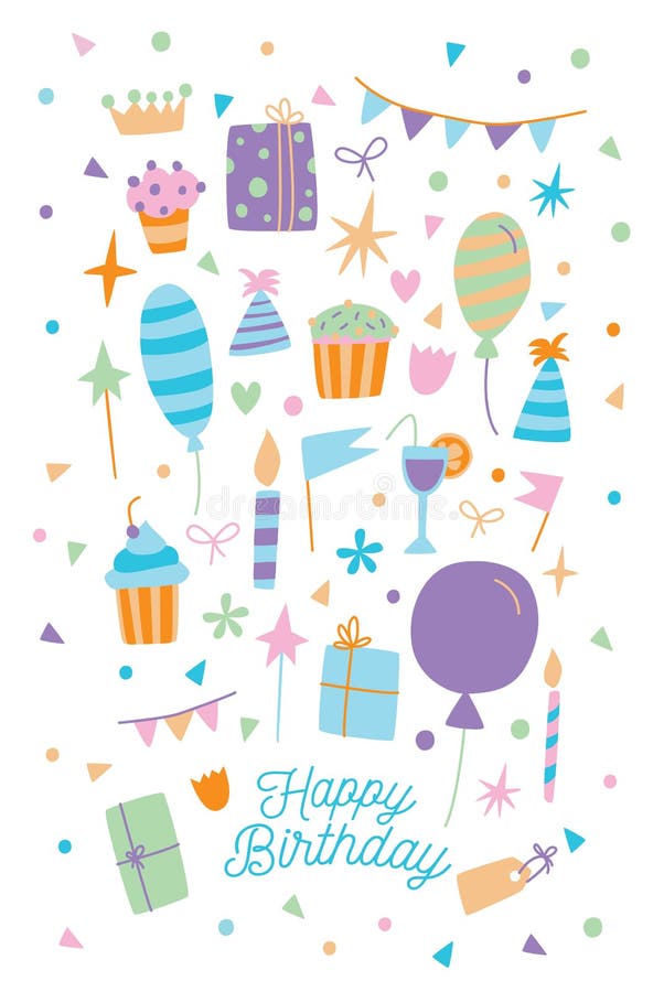 Scheda di buon compleanno Vector l'illustrazione della cartolina del fumetto con il contenitore, i dolci ed i palloni di regalo illustrazione vettoriale Scheda di buon compleanno Vector l'illustrazione della cartolina del fumetto con il contenitore, i dolci ed i palloni di regalo illustrazione vettoriale