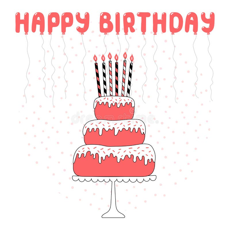 Scheda di compleanno con la torta. Biglietto di auguri per il compleanno disegnato a mano con un dolce di strato del fumetto con le candele, con tipografia Illustrazione di vettore Oggetti isolati Concetto di progetto per i bambini, celebrazione di compleanno