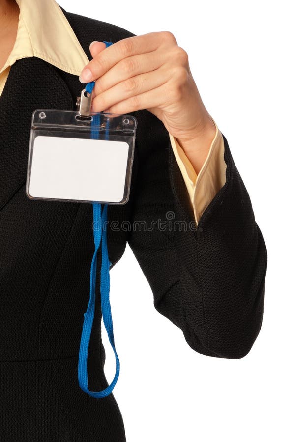 Woman showing her badge at the entrance of meeting room. Woman showing her badge at the entrance of meeting room