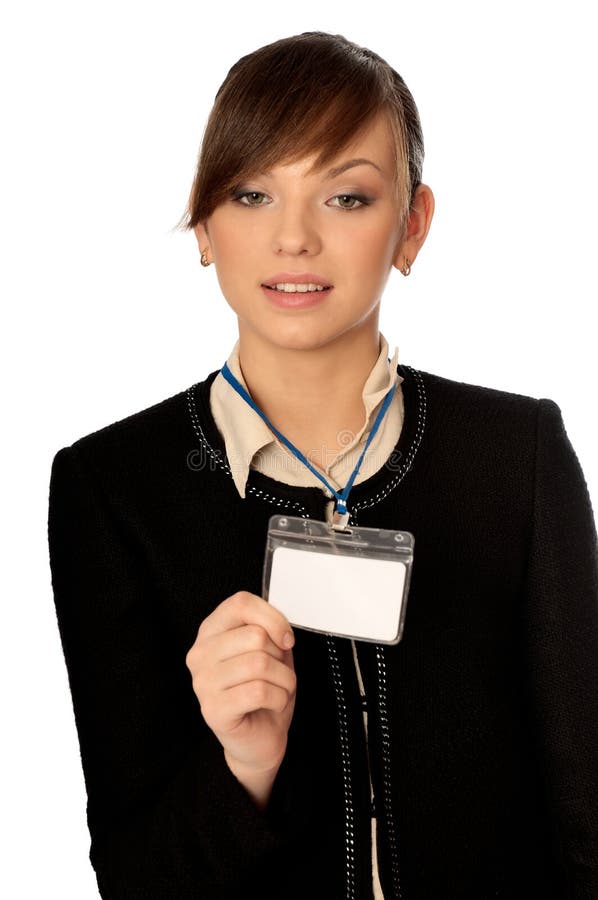 Woman showing her badge at the entrance of meeting room. Woman showing her badge at the entrance of meeting room