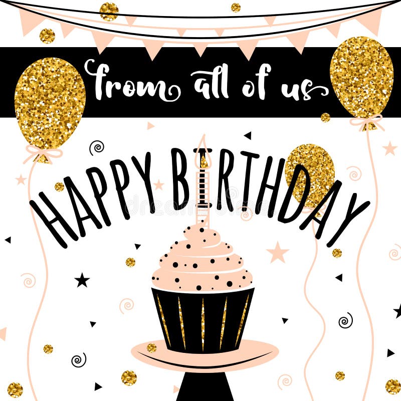 Scheda di vettore di buon compleanno Fondo con i palloni ed il bigné dorati Modello per l'insegna, aletta di filatoio, opuscolo illustrazione vettoriale
