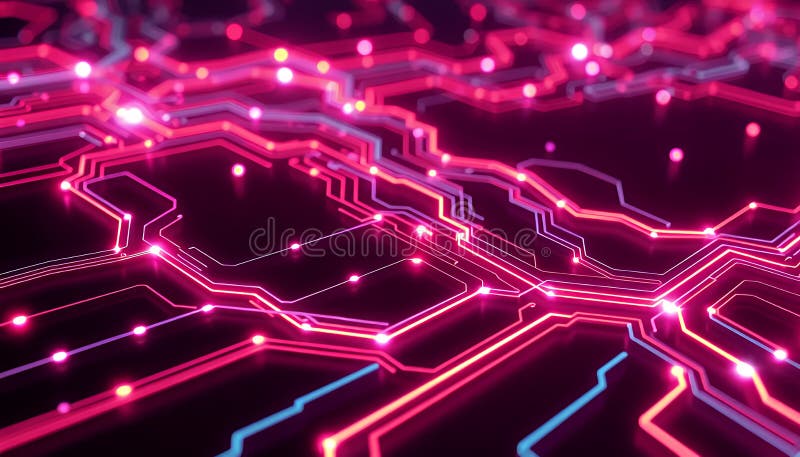 Scheda grafica 3D Neon Pink e Blue Abstract Circuit su sfondo scuro per il design tecnologico e la decorazione futuristica illustrazione vettoriale
